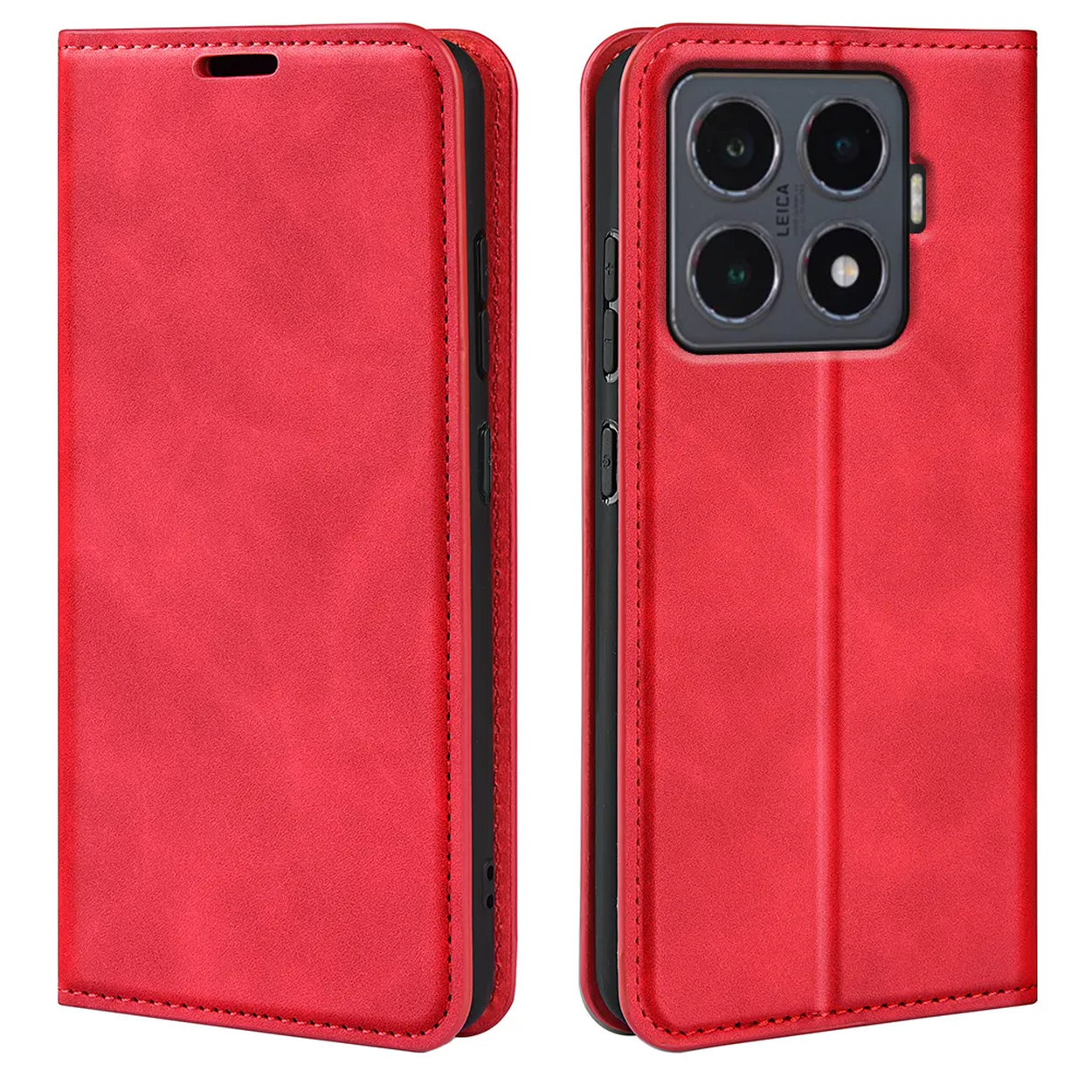 Een rode telefoonhoes wordt getoond, open en dicht. De open kant toont een telefoon met camera, de gesloten kant is glad.
