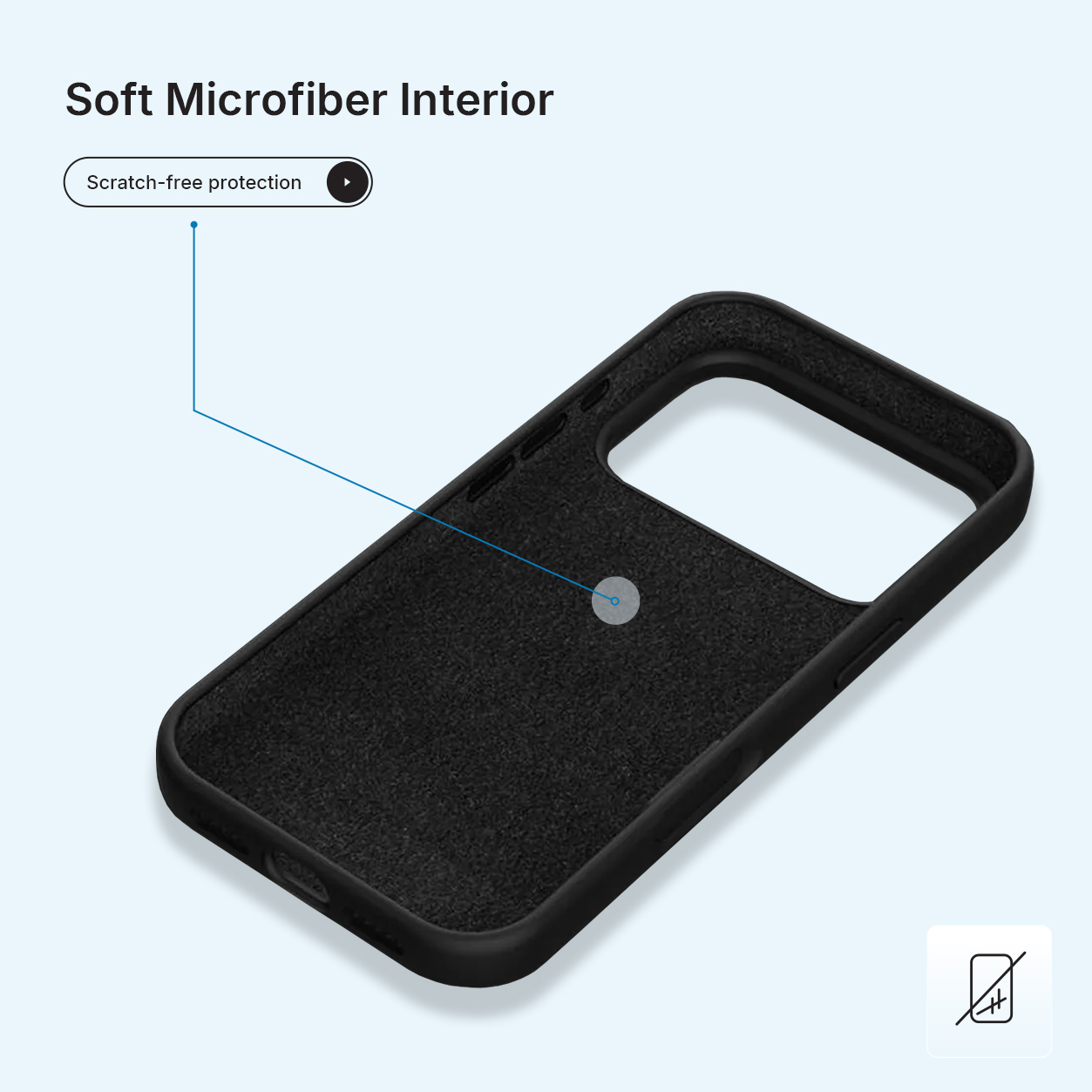 Zwart telefoonhoesje interieur, zachte microvezel, krasvrije bescherming, op lichtblauwe achtergrond, met een geen telefoon teken.