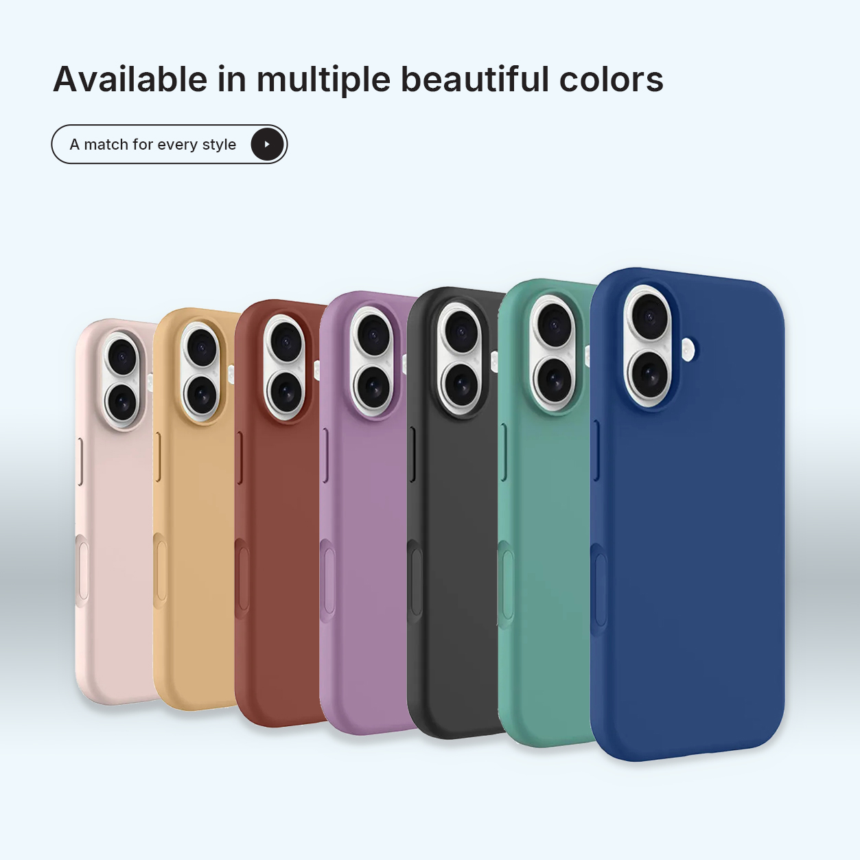 Zeven kleurrijke telefoonhoesjes. Kleuren: roze, geel, bruin, paars, zwart, groen en blauw, tegen een lichtblauwe achtergrond.
