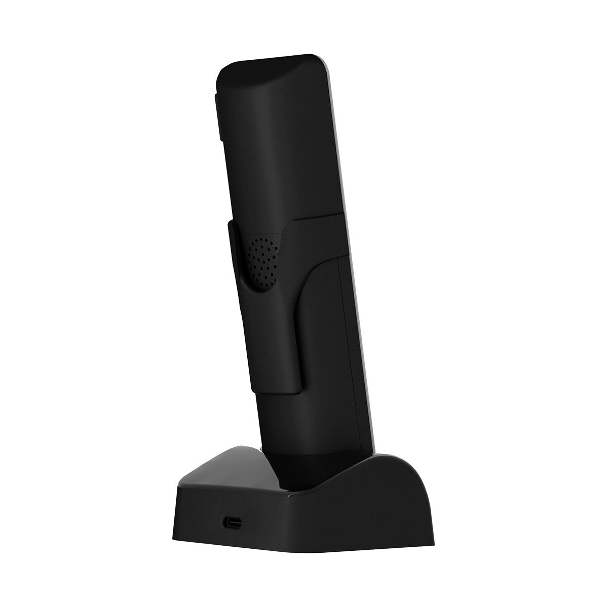 Un teléfono inalámbrico negro está en su base de carga. El teléfono está en posición vertical, ambos contra un fondo blanco.
