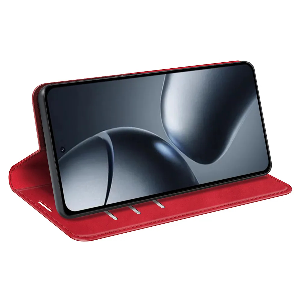 Een rode telefoonhoes met een telefoon erin. Het scherm toont vage vormen. De hoes is open, en laat de binnenkant zien.
