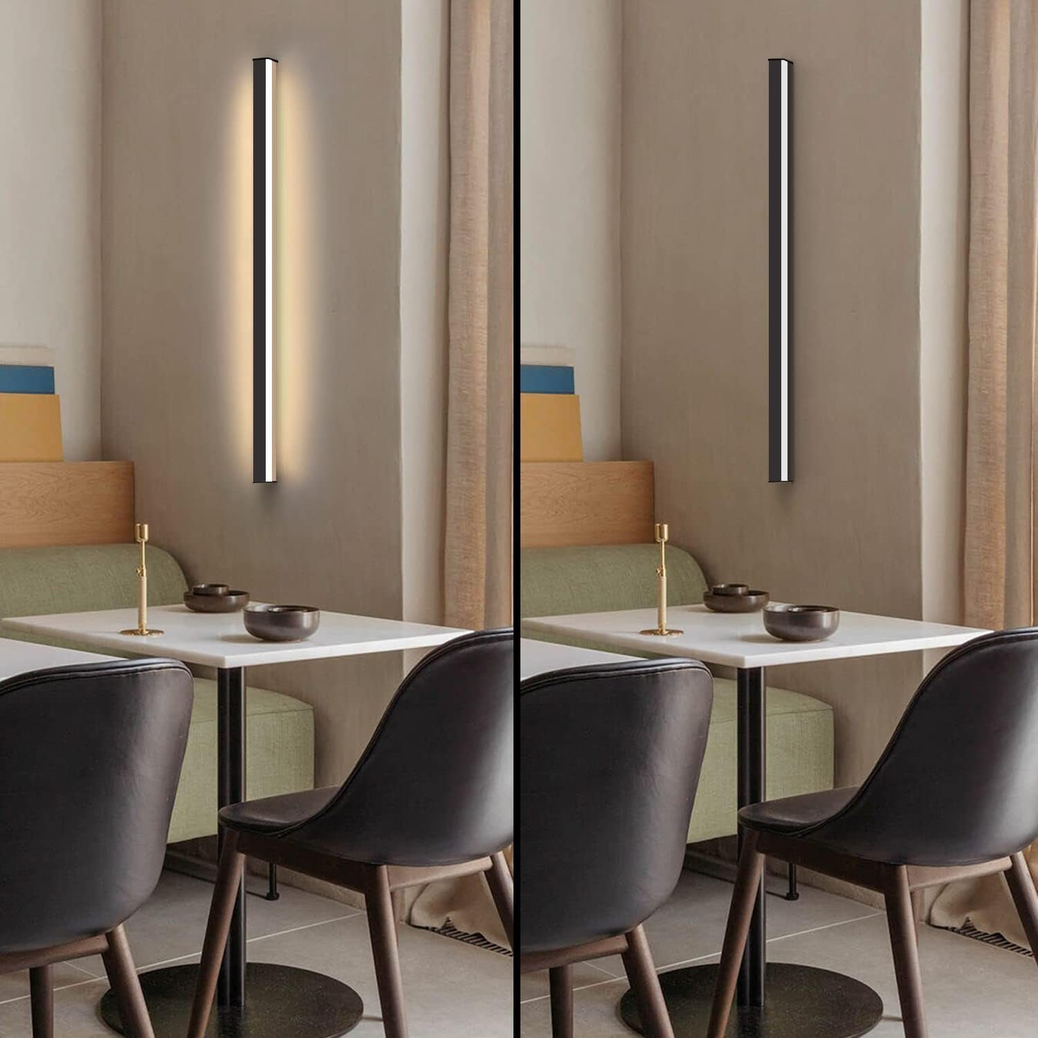 Due immagini. Interni moderni con una lampada da parete accesa e spenta. Sono visibili anche tavoli, sedie e una cabina.