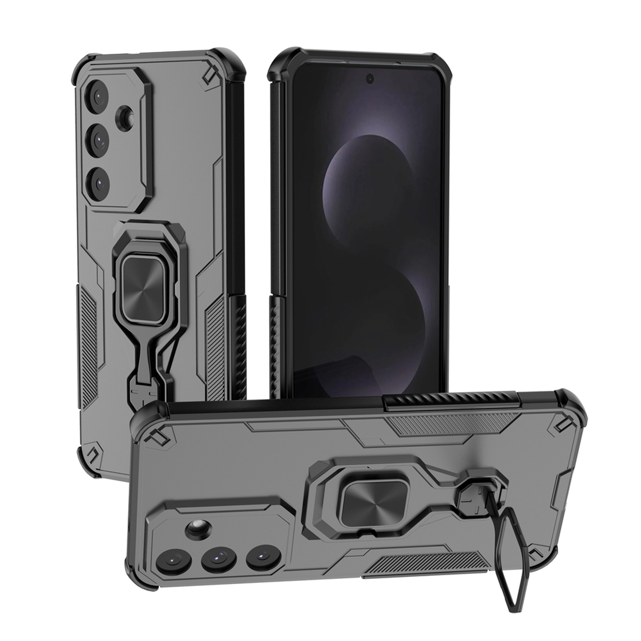 Drie grijze telefoonhoesjes, één met telefoon, display ringhouder. Hoesjes hebben camera-uitsparingen en zwarte accenten. Alles op witte achtergrond.