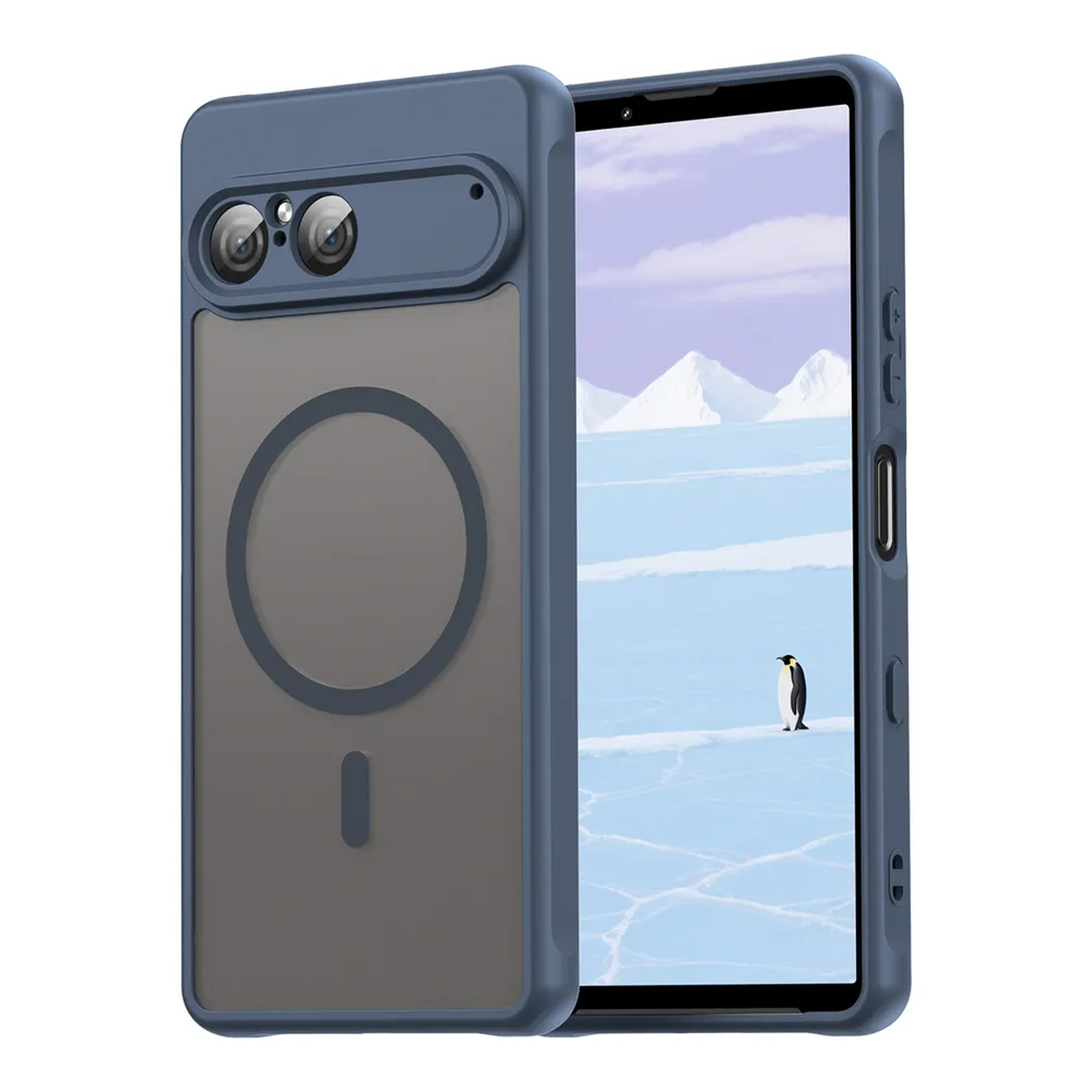 Een telefoonhoesje met een camera-uitsparing en een telefoonscherm met een besneeuwd landschap met een pinguïn.