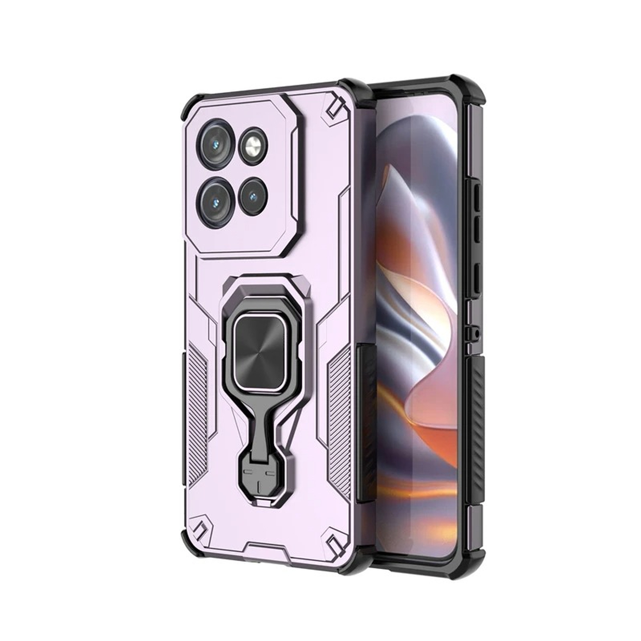 Un téléphone dans un étui de protection lavande avec un module caméra. L'étui a un support de bague et des accents noirs.