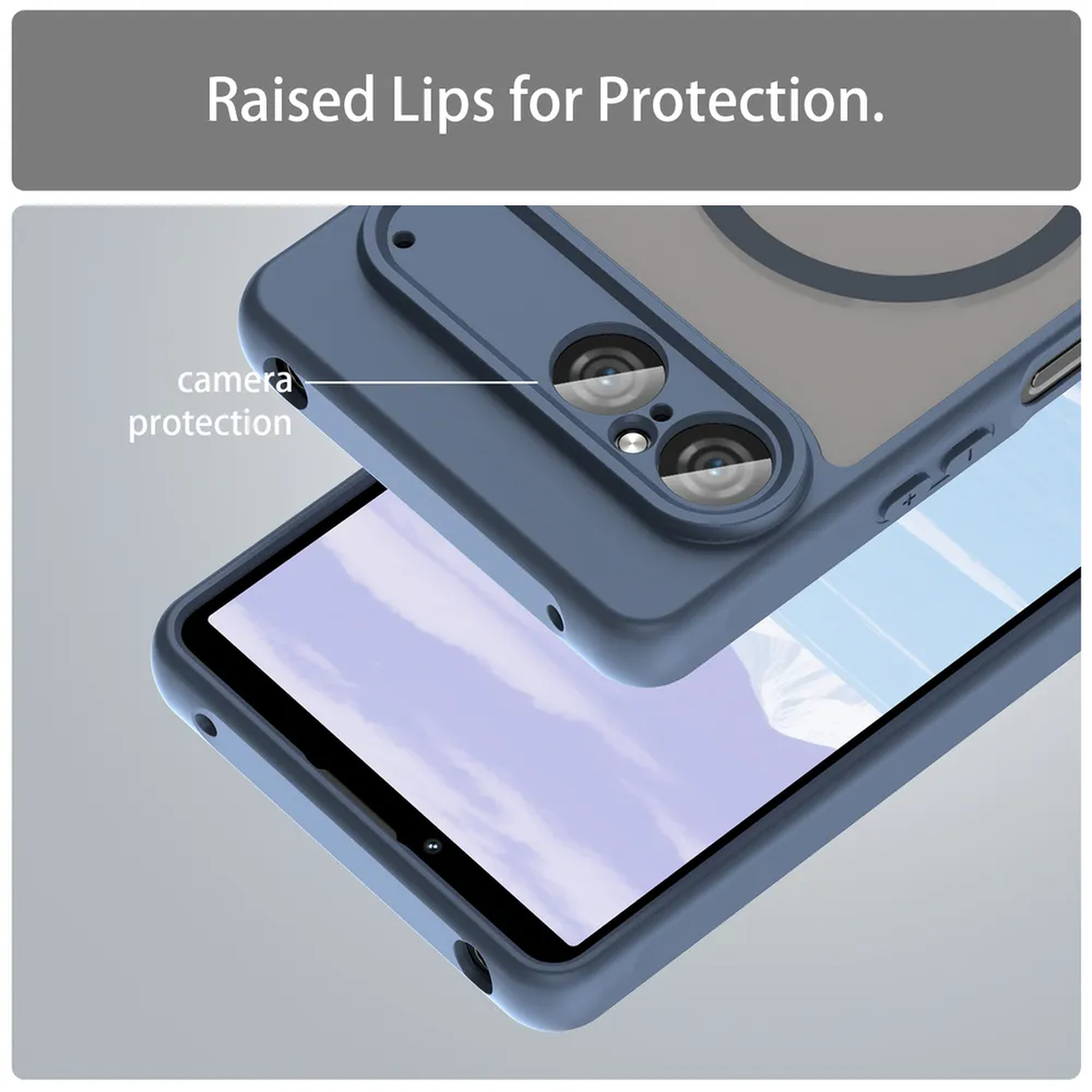 Een telefoonhoes wordt getoond, opgesplitst in twee delen. Het bovenste deel is blauw met cameralenzen en verhoogde randen. Het onderste deel is ook blauw.