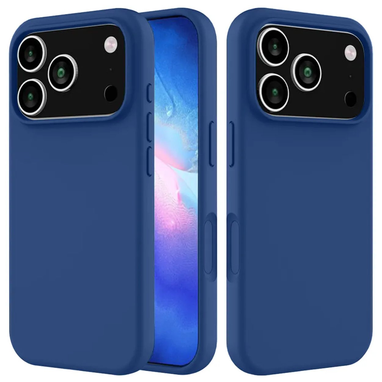 Trois étuis de téléphone bleus avec découpes pour appareil photo. Un étui ouvert, montrant un écran de téléphone. Le fond est blanc.