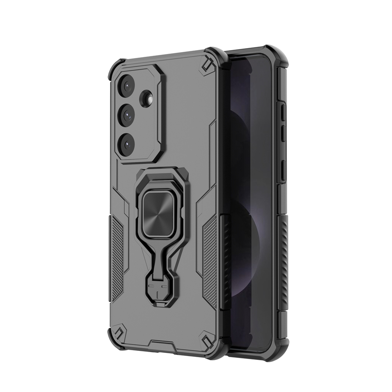 Een grijze telefoonhoes met een ringhouder en camera-uitsparingen wordt getoond. De telefoon binnenin heeft een zwart scherm en is ook grijs.