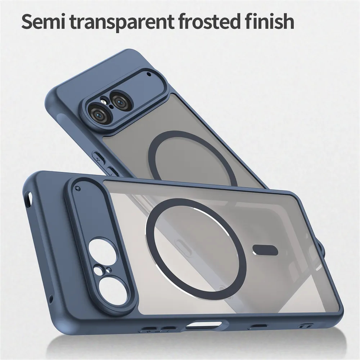 Twee blauwe telefoonhoesjes met een semi-transparante matte afwerking overlappen elkaar. Eén heeft een uitsparing voor de camera. De achtergrond is wit.