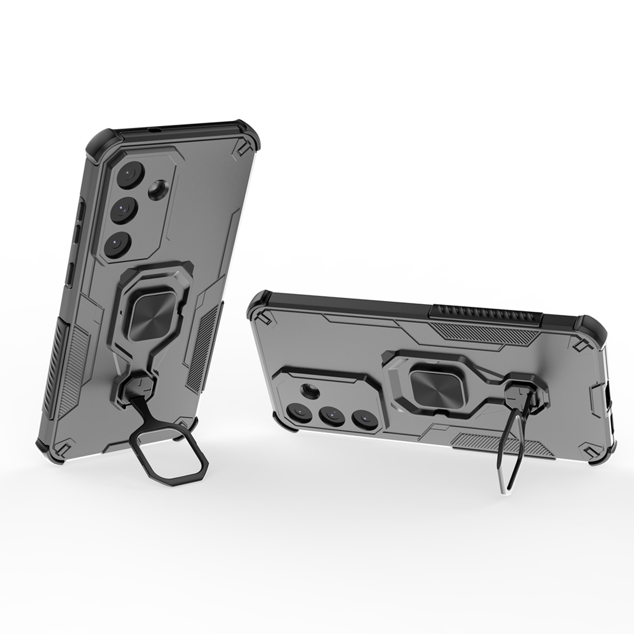 Twee grijze telefoonhoesjes met ringhouders. Eén staat rechtop, de andere ligt plat. Beide hebben camera-uitsparingen en een gestructureerd ontwerp.