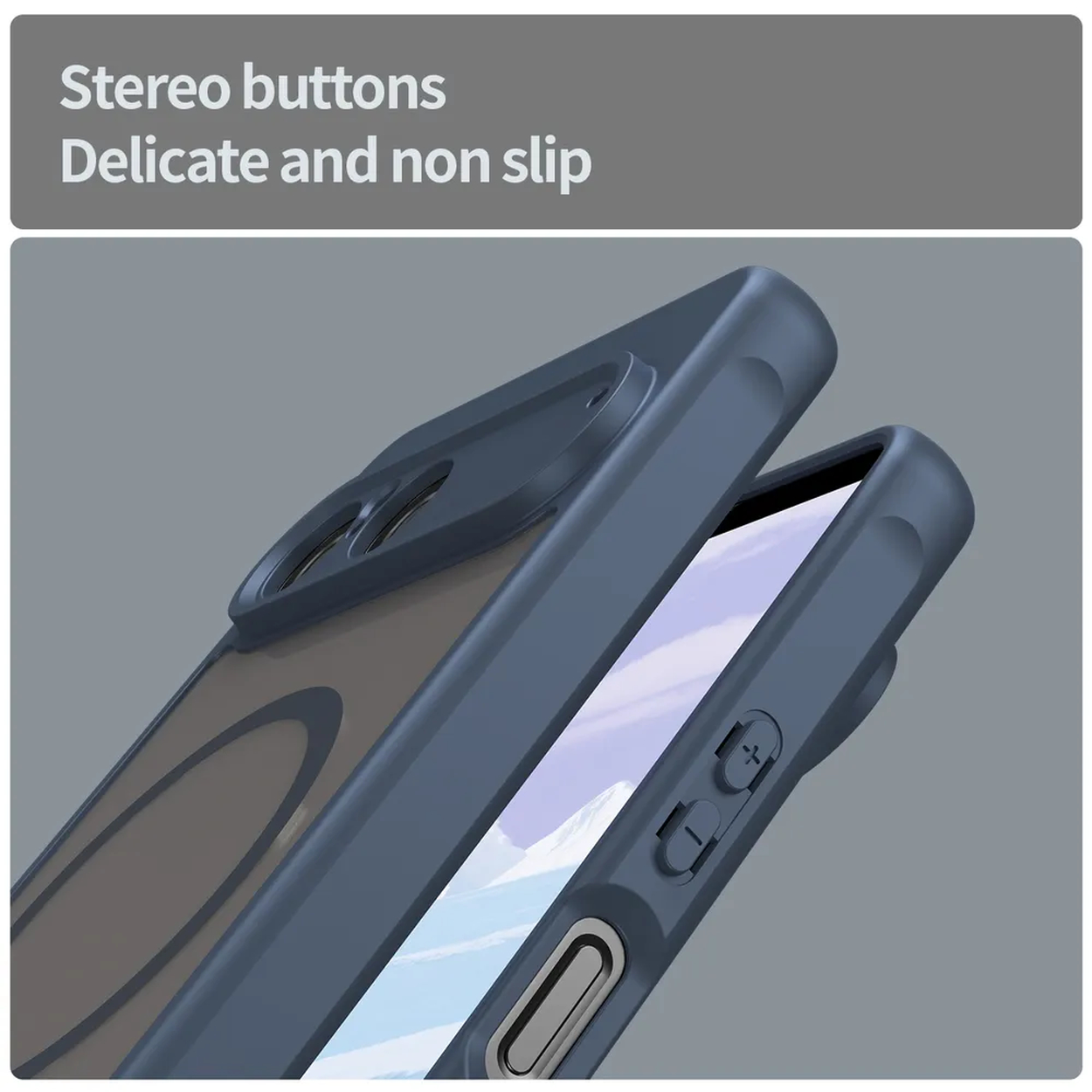 Close-up van een blauwe telefoonhoes met stereoknoppen, delicaat en antislip ontwerp. Het scherm is zichtbaar.