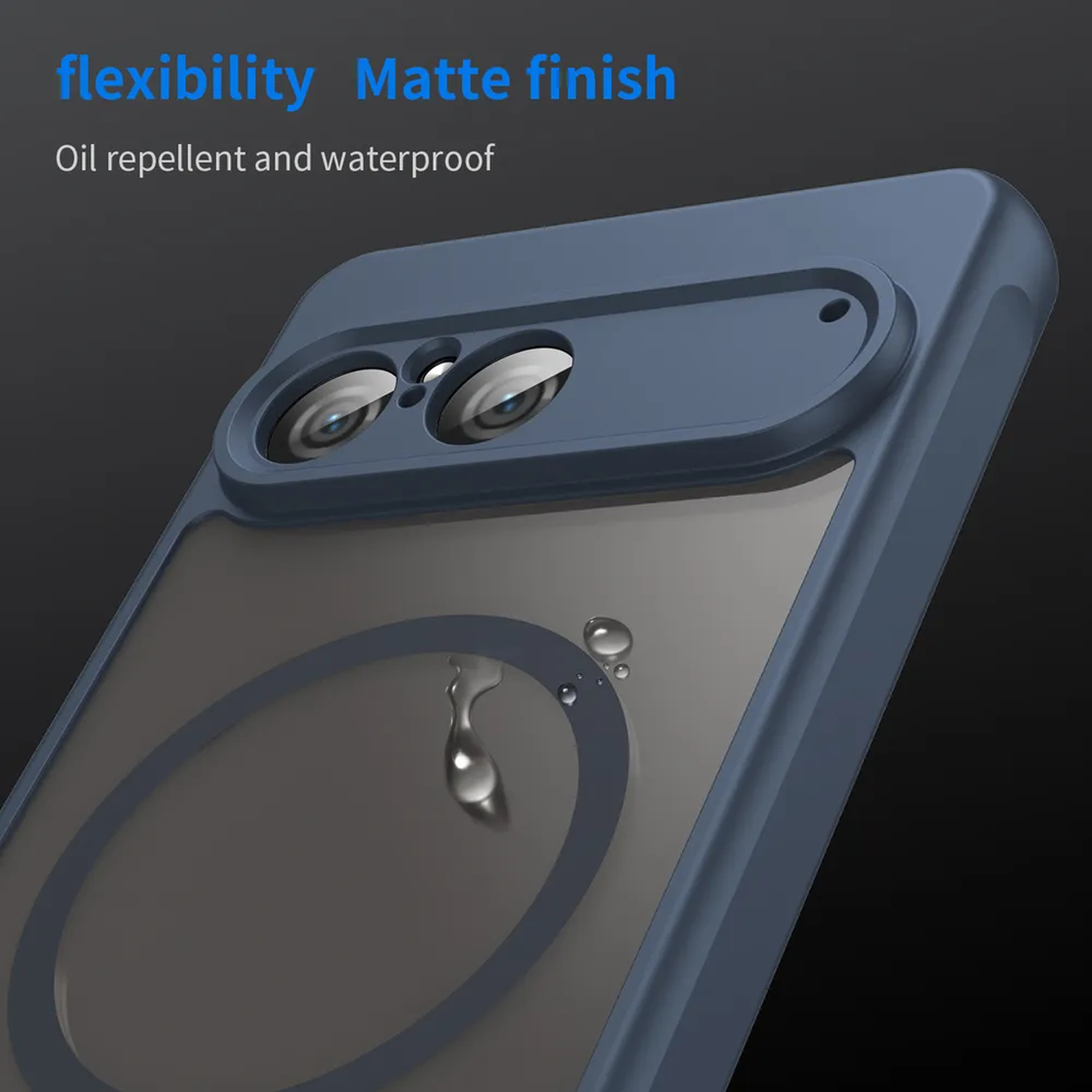 Blauwe telefoonhoes met camera-uitsparingen en waterdruppels. Kenmerken: flexibiliteit, matte afwerking, olie- en waterafstotend.
