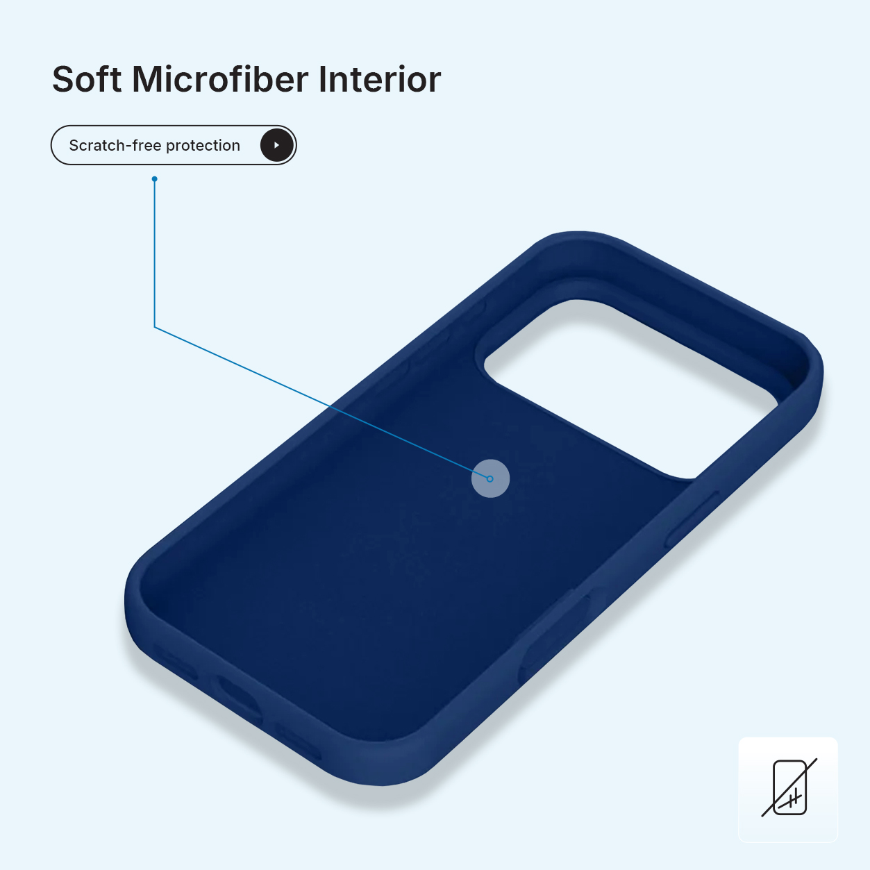 Une coque de téléphone bleu foncé. Texte : 'Intérieur en microfibre douce' et 'Protection anti-rayures'. Diagramme de l'intérieur.