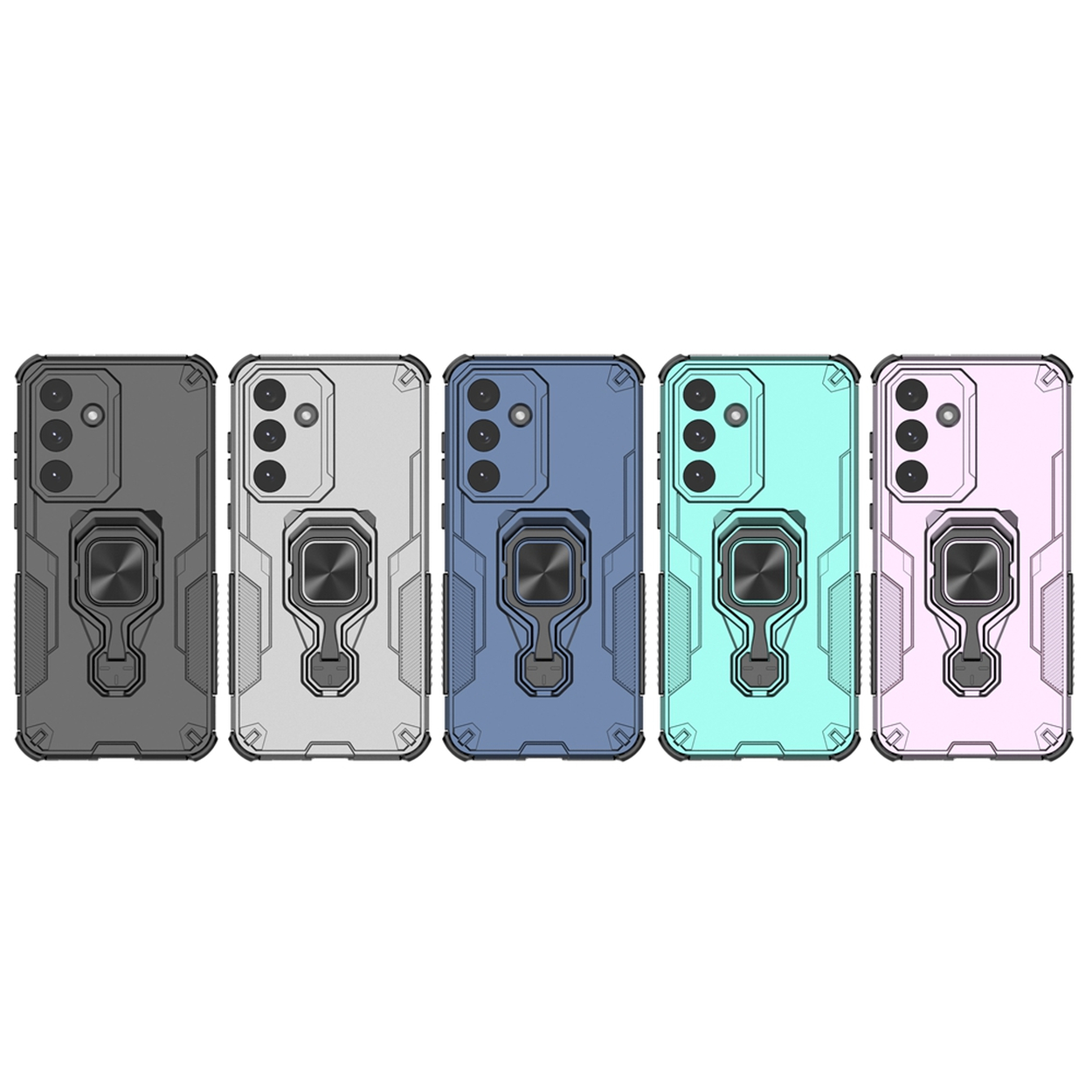 Vijf telefoonhoesjes op een rij. Kleuren zijn grijs, wit, blauw, teal en roze. Elke hoes heeft een ringhouder en camera-uitsparingen.