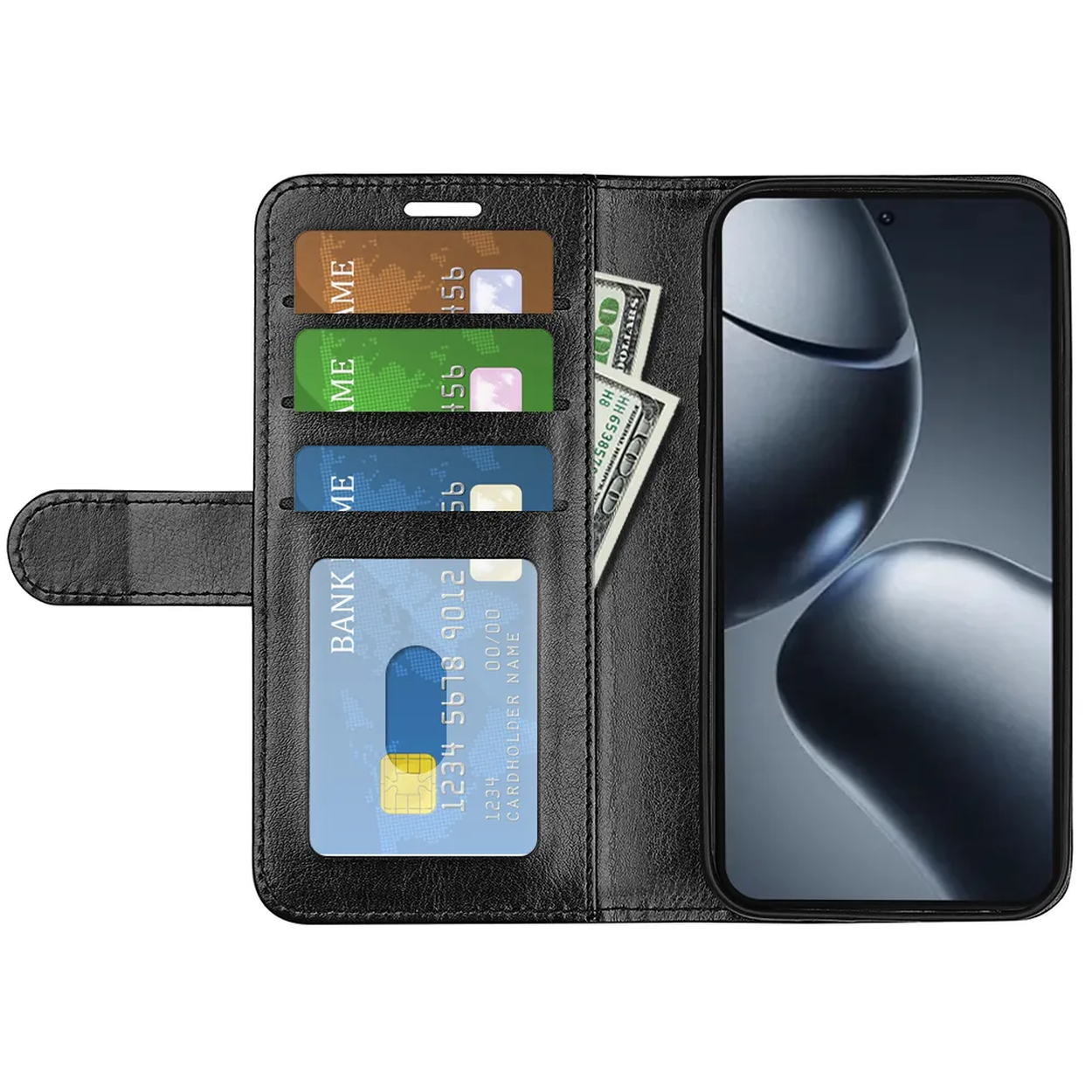 Zwarte portemonnee-hoes open, met een telefoon, kaarten en bankbiljetten. Kaarten hebben verschillende kleuren. Telefoon is zwart.