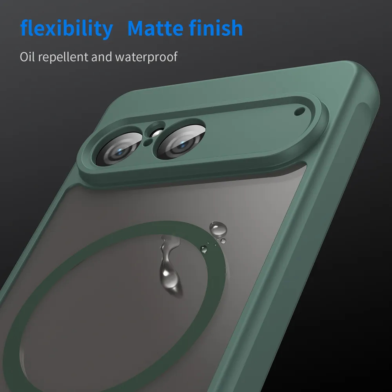 Een groene telefoonhoes met een doorzichtige achterkant. De hoes heeft een camera-uitsparing en waterdruppels, met de tekst 'flexibiliteit' en 'matte afwerking'.