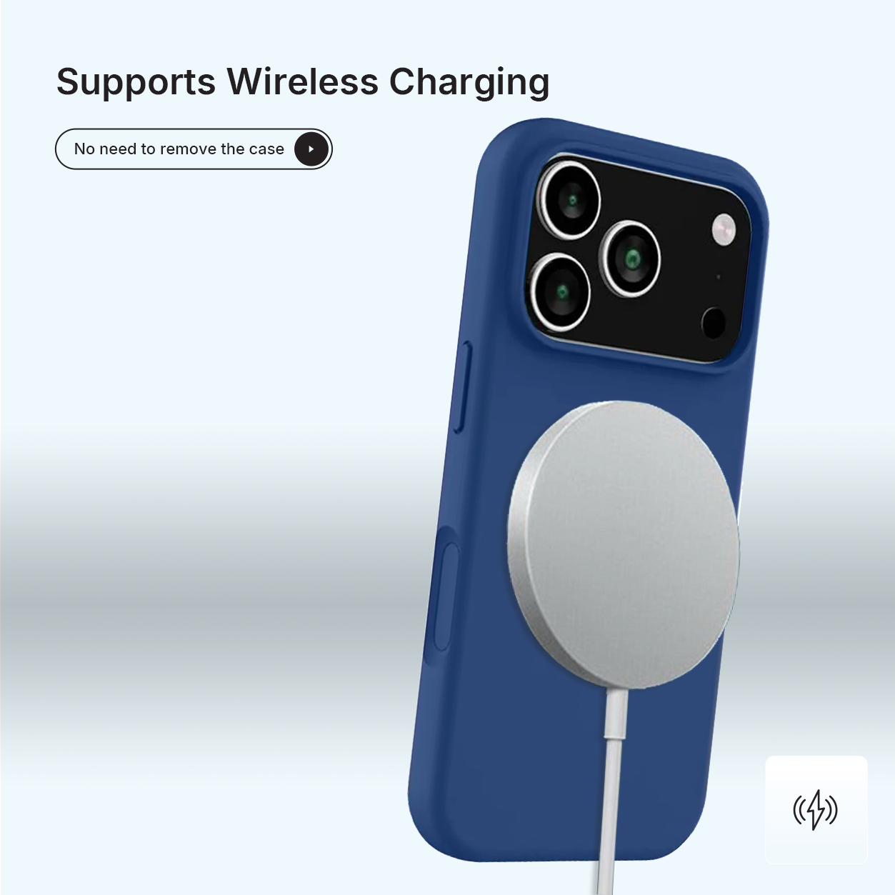Une coque de téléphone bleue avec un chargeur sans fil argenté attaché. Le chargeur est connecté avec un câble blanc. Texte : Prend en charge la recharge sans fil.