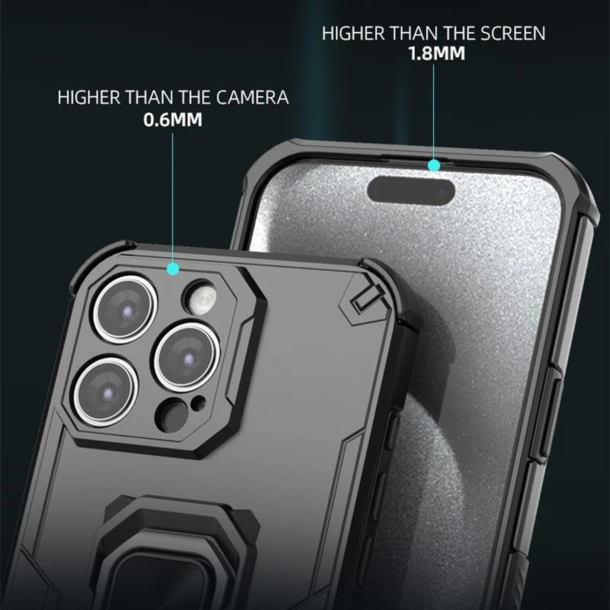 Gros plan sur une coque de téléphone noire. L'étui a des bords surélevés pour protéger l'appareil photo et l'écran. Le texte indique les différences de hauteur.