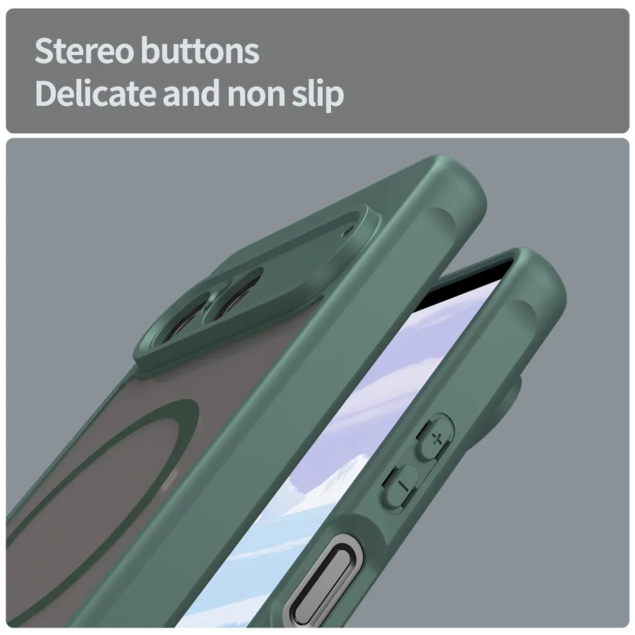 Groene telefoonhoes, stereoknoppen, antislip ontwerp, met een scherm met een landschap. Grijze achtergrond.