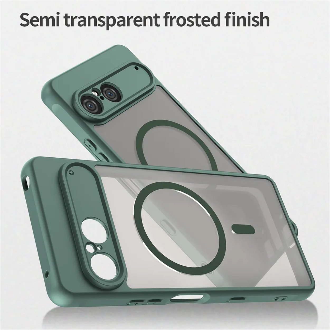 Twee groene telefoonhoesjes met mat heldere achterkanten. De ene ligt bovenop de andere, waarbij het ontwerp wordt getoond. Bovenstaande tekst: 'Semi transparent frosted finish'.