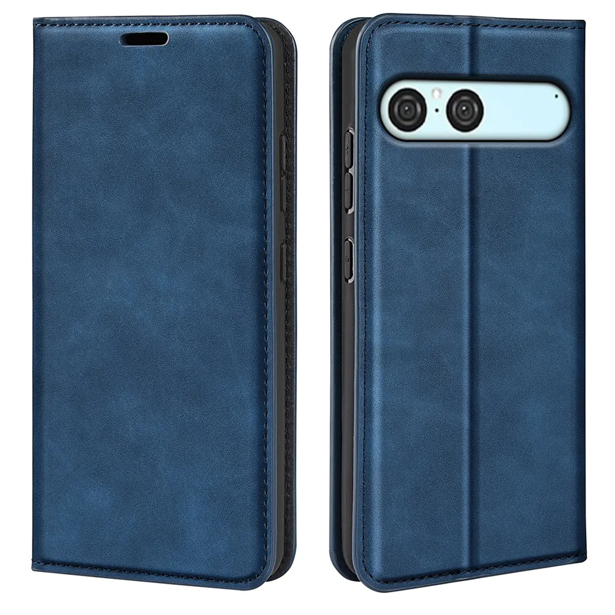 Un étui de téléphone bleu est montré ouvert et fermé. Il a un aspect cuir et un téléphone est visible dans l'étui ouvert.