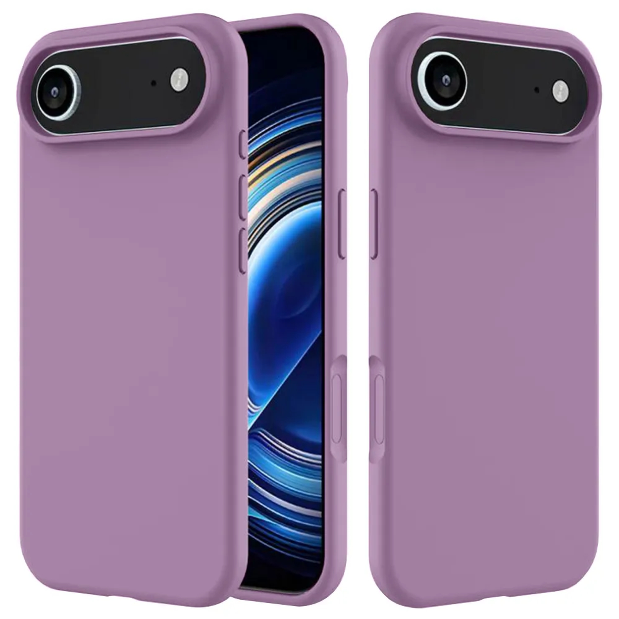 Trois étuis de téléphone violets. Un ouvert, révélant l'écran du téléphone. Chaque étui a une découpe pour l'appareil photo.