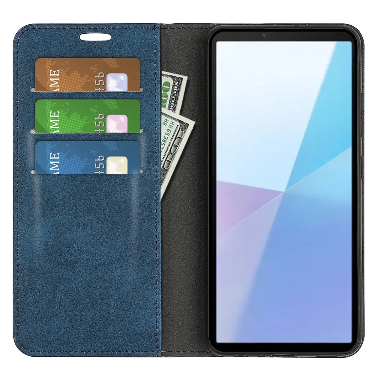 Un étui de téléphone bleu est ouvert, montrant un téléphone. Il a des fentes pour cartes avec des cartes et un billet de cent dollars.