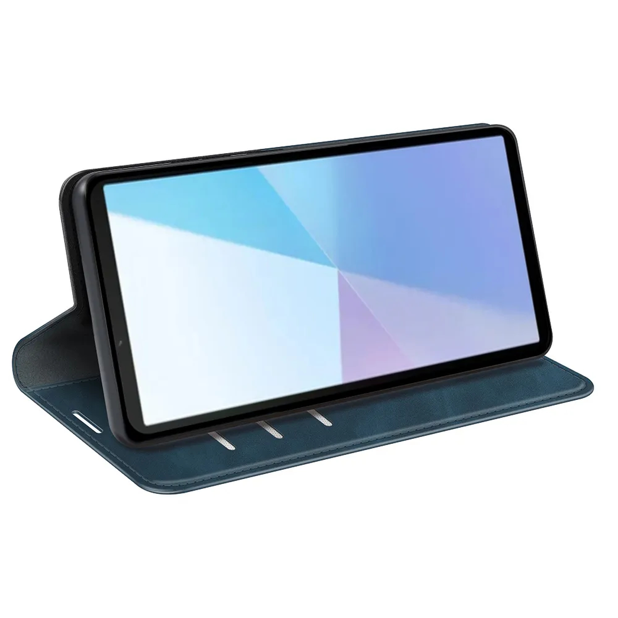 Une tablette dans un étui bleu. L'écran affiche une image abstraite colorée. L'étui est ouvert et incliné pour la visualisation.