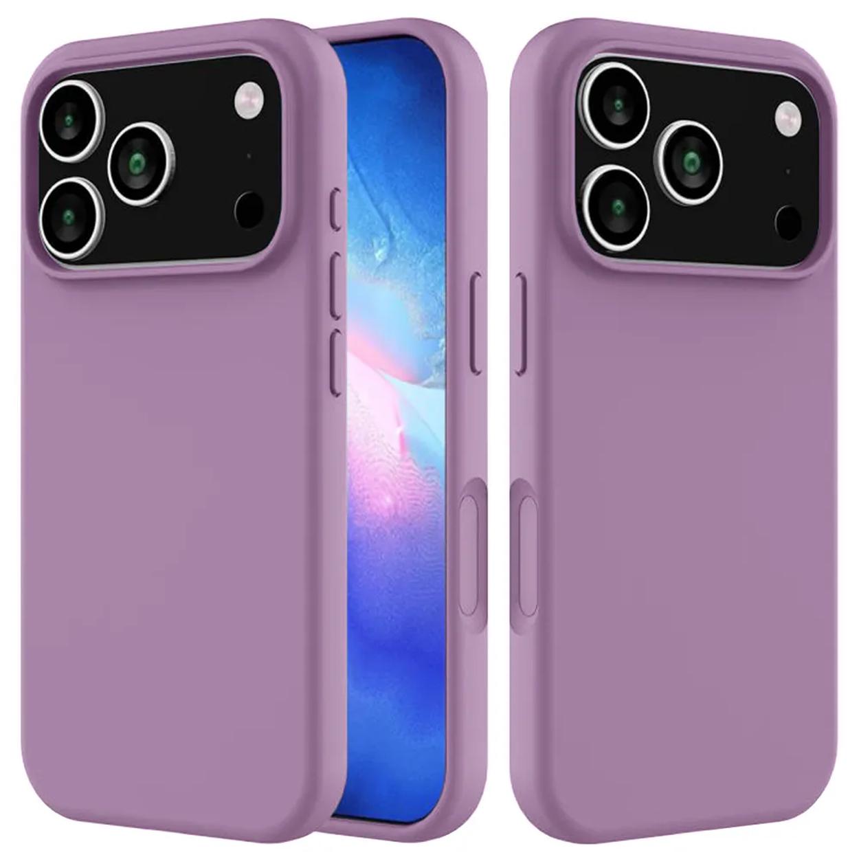 Drie paarse telefoonhoesjes, waarvan één open, met een blauw scherm. Elke hoes heeft drie cameralenzen en een flitser.
