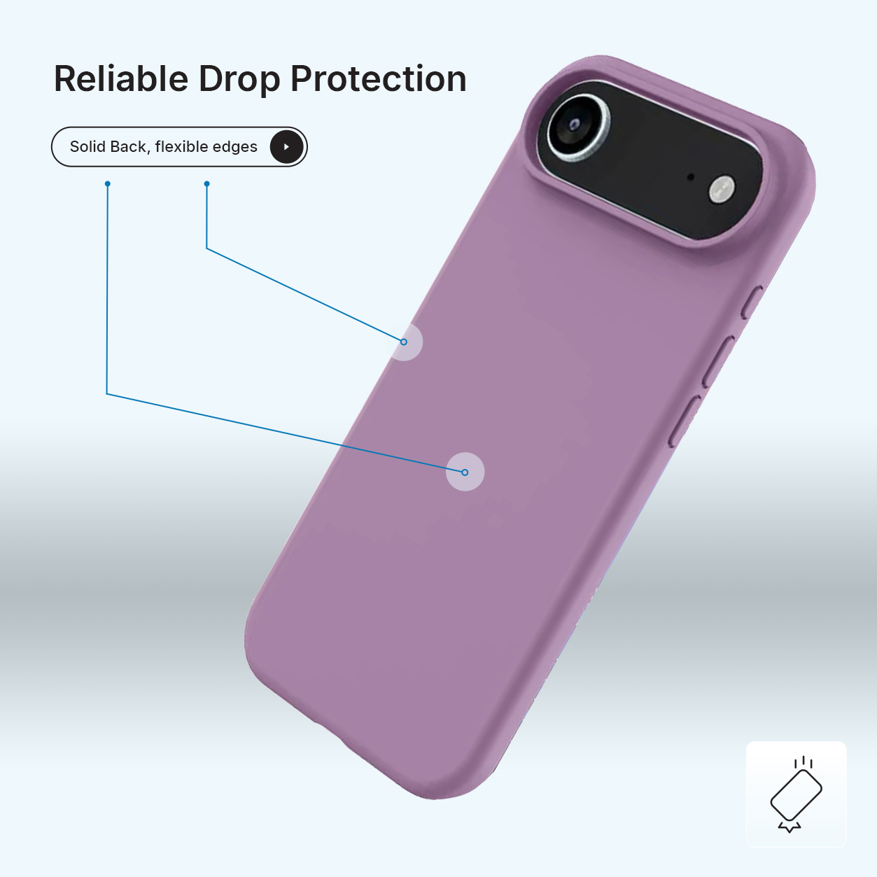 Une coque de téléphone violette avec une découpe pour l'appareil photo est affichée. Le texte dit 'Protection fiable contre les chutes' et 'Dos solide, bords flexibles'.