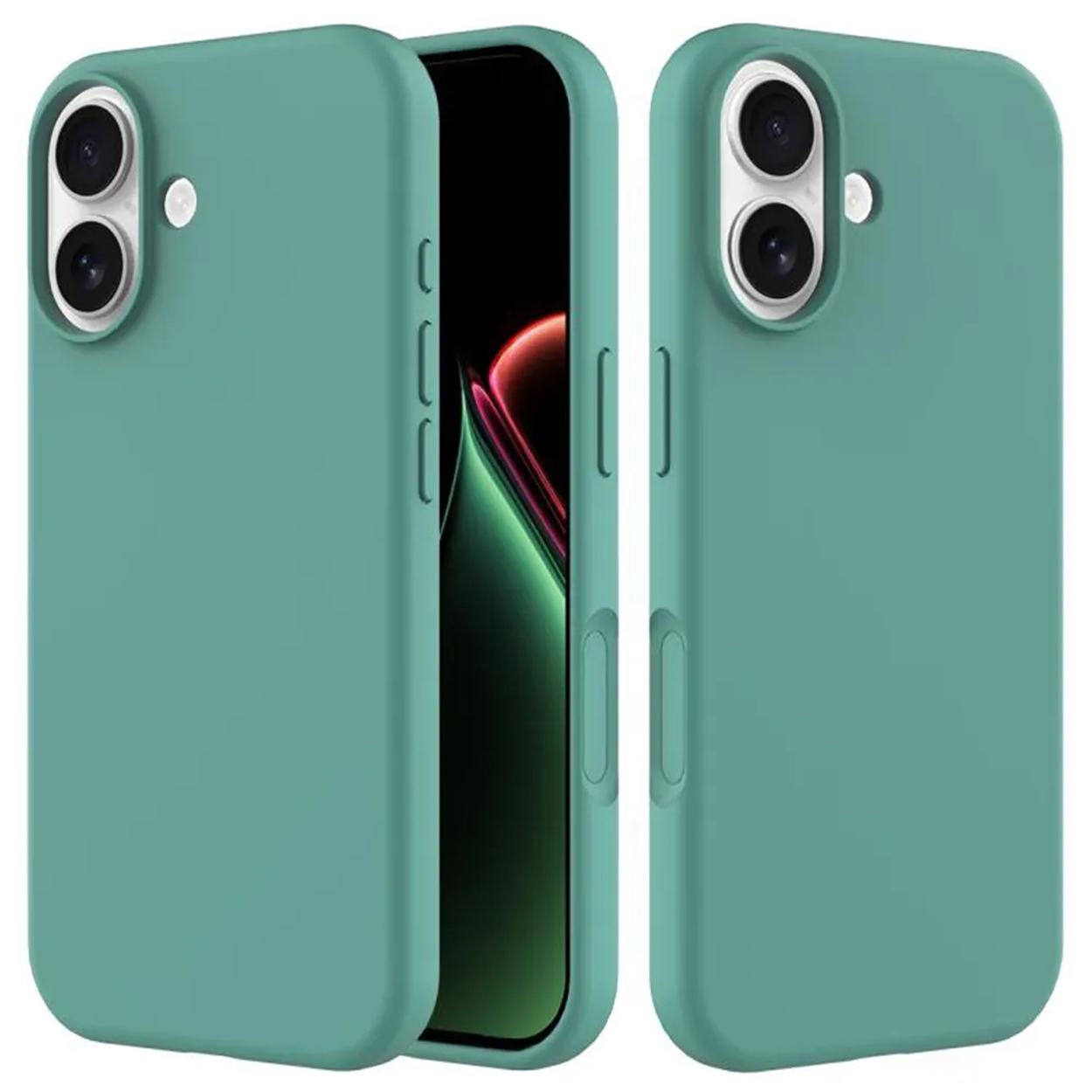 Drie blauwgroene telefoonhoesjes. Eén open, met een telefoonscherm met rode en groene tinten. Cameralenzen en knoppen zijn zichtbaar.