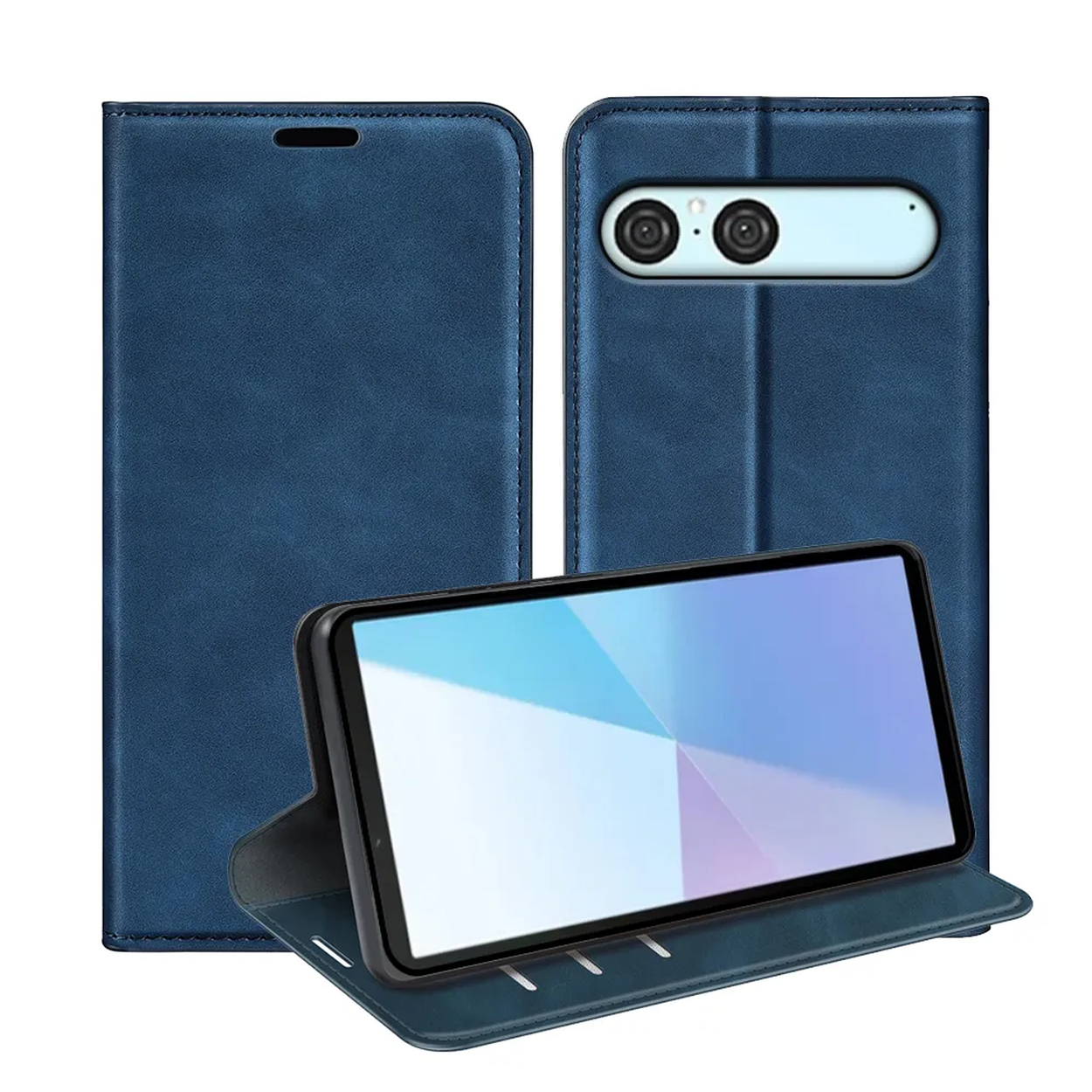 Un étui de téléphone bleu avec un téléphone à l'intérieur. L'étui est ouvert et le téléphone est visible. Le fond est blanc.