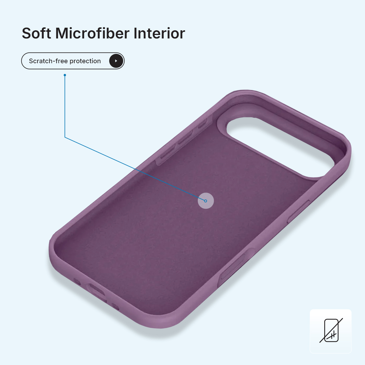 Gros plan d'une coque de téléphone violette avec un intérieur doux, soulignant la protection anti-rayures. Le fond est bleu clair.