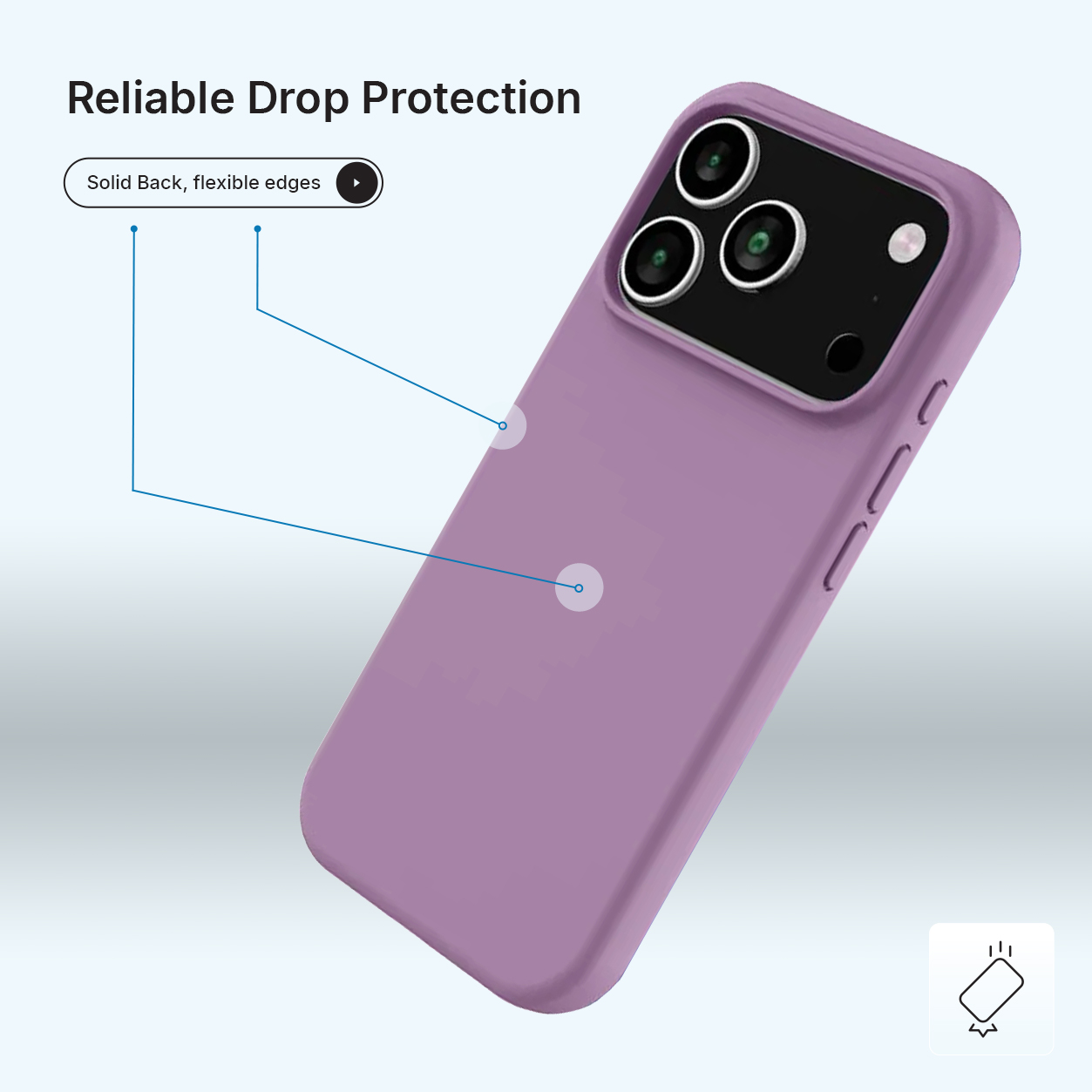 Een paarse telefoonhoes met een cameramodule wordt getoond, het heeft flexibele randen en een stevige achterkant. Tekst zegt Betrouwbare valbescherming.