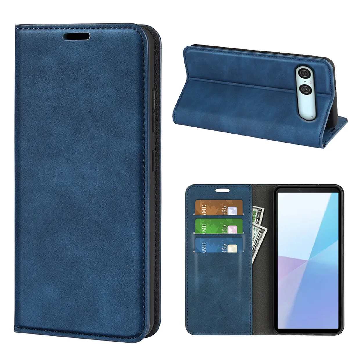Un étui de téléphone bleu est présenté en trois configurations : fermé, ouvert comme support et ouvert avec des cartes et un téléphone.