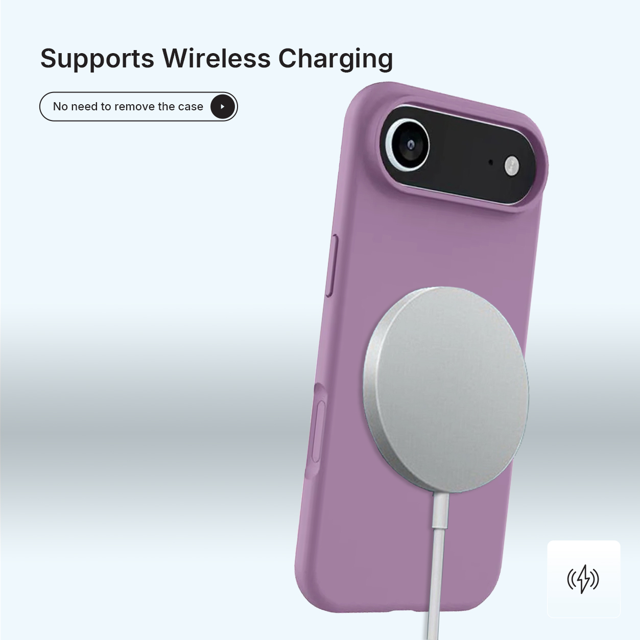 Un étui de téléphone violet avec un socle de chargement argenté est attaché. Le téléphone se charge sans fil. Texte : Prend en charge la recharge sans fil.