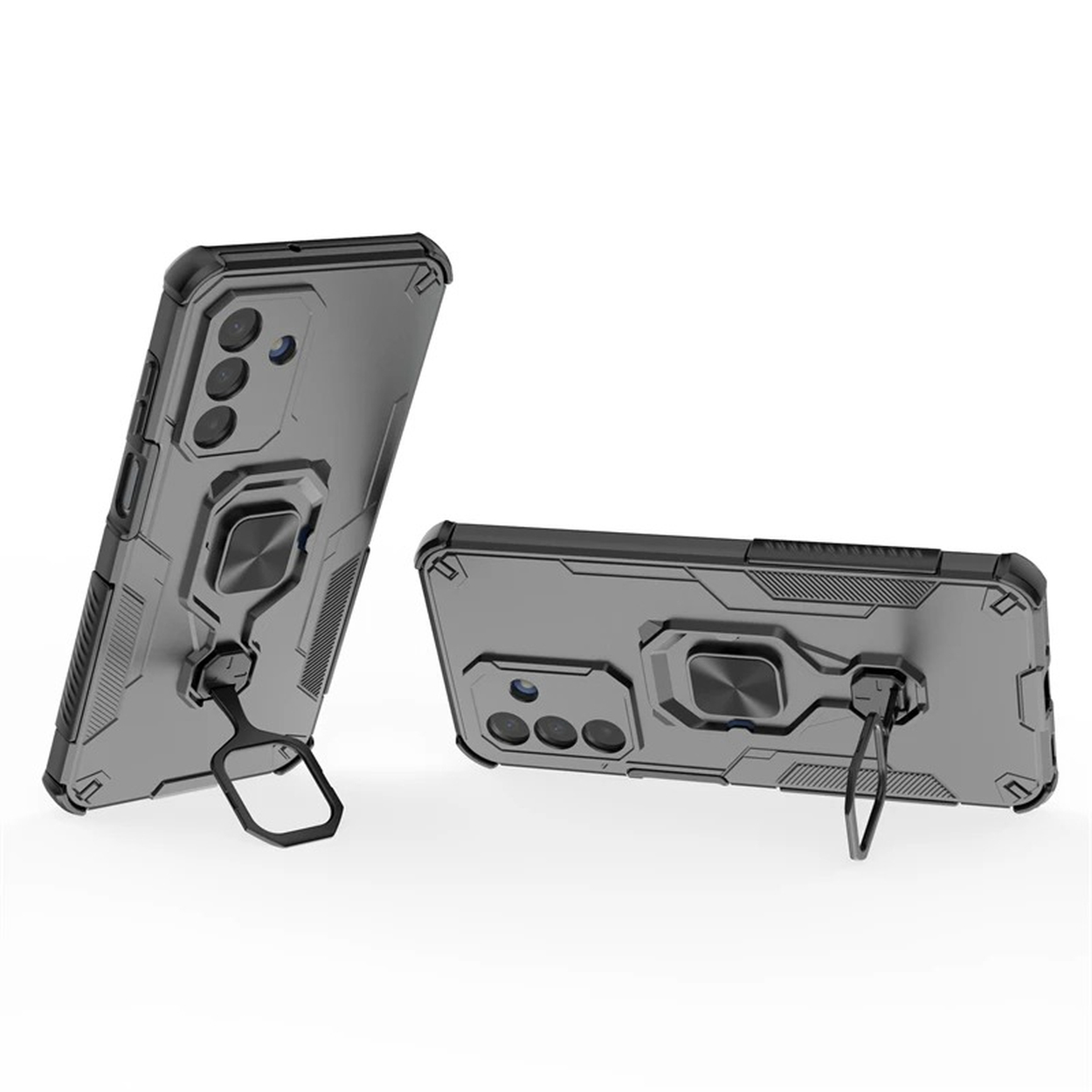 Twee grijze telefoonhoesjes, één rechtop, één plat, beide met ringhouders en camera-arrays. Witte achtergrond.