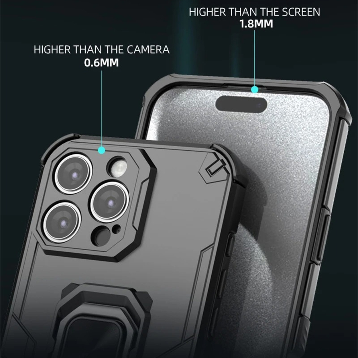 Close-up van een telefoon in een zwarte beschermhoes. De hoes heeft een camerabult, een ringhouder en een verhoogde rand.