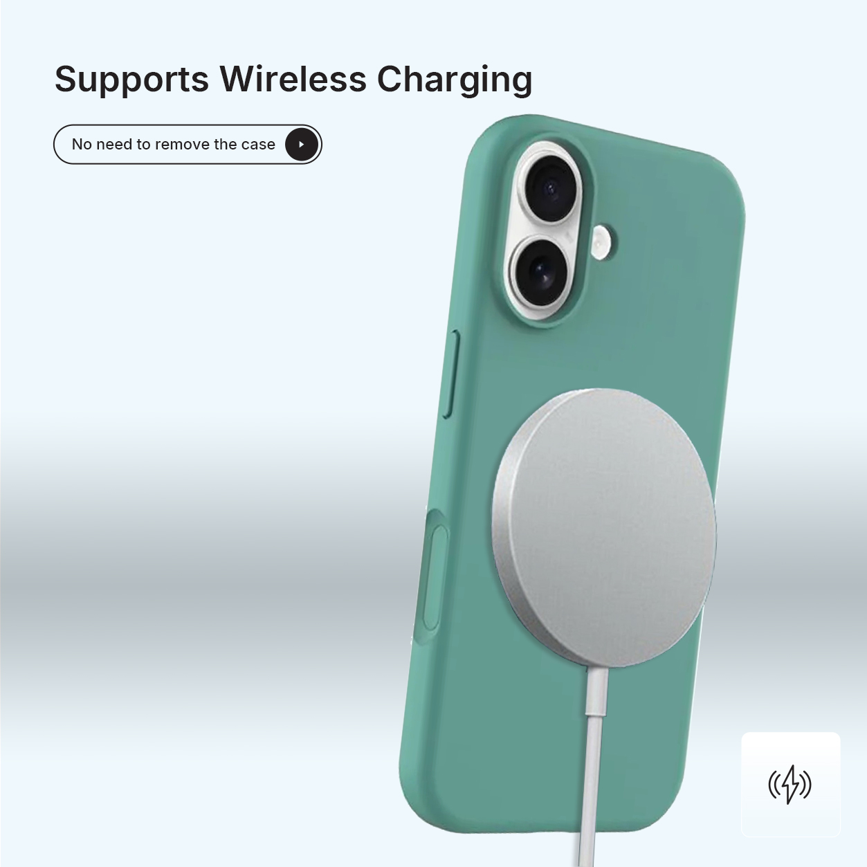 Groene telefoonhoes met een witte cirkelvormige oplader. De telefoon heeft twee camera's. Draadloos opladen wordt ondersteund.