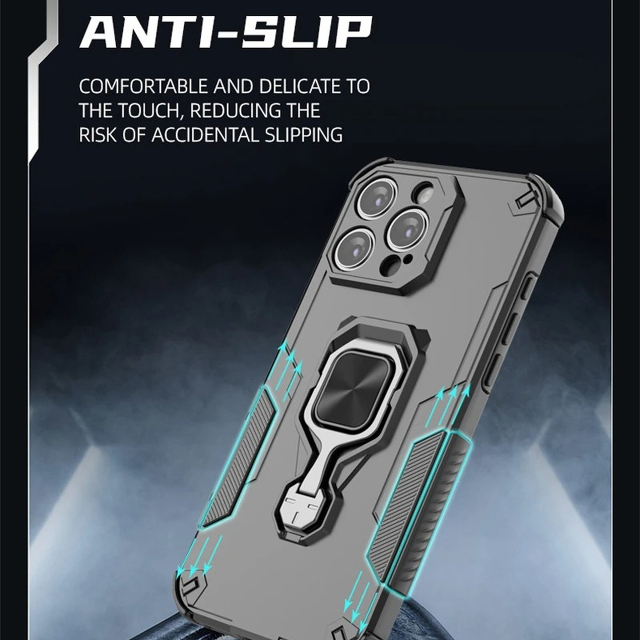 Een grijze telefoonhoes met een ringhouder. De hoes heeft een textuurontwerp en de tekst 'ANTI-SLIP' is zichtbaar.