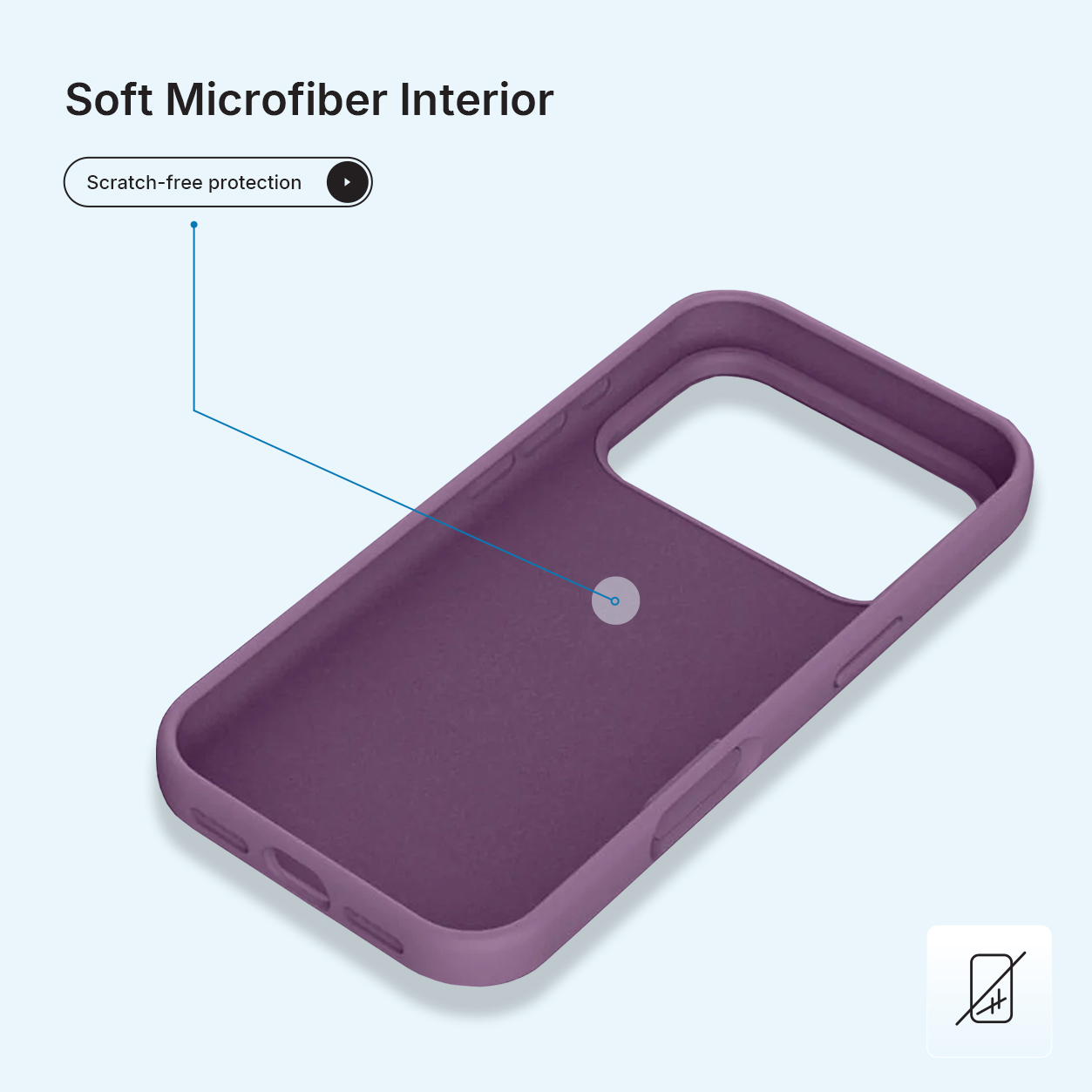 De binnenkant van een paarse telefoonhoes wordt getoond. Tekst geeft 'Soft Microfiber Interior' en 'Scratch-free protection' aan. Een niet-telefoonsymbool rechtsonder.