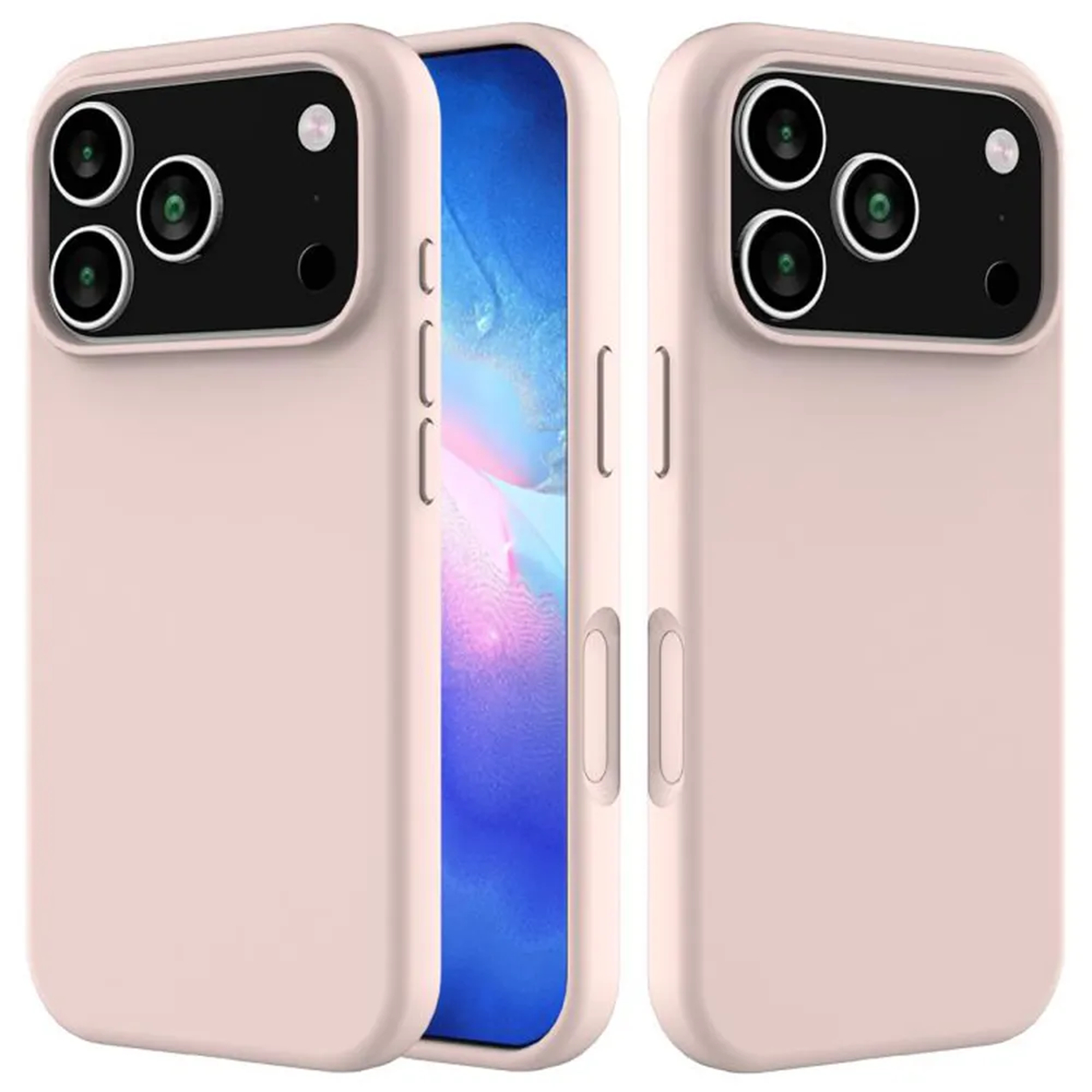 Drie roze telefoonhoesjes. Eén open met een blauw scherm, andere gesloten. Elke hoes heeft cameralenzen.