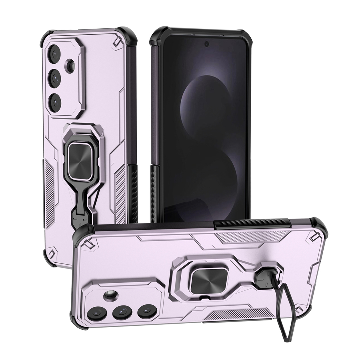 Drie telefoonhoesjes: lichtpaars, zwarte accenten. Elk heeft een ringhouder. Eén telefoon is zichtbaar, zwart scherm.