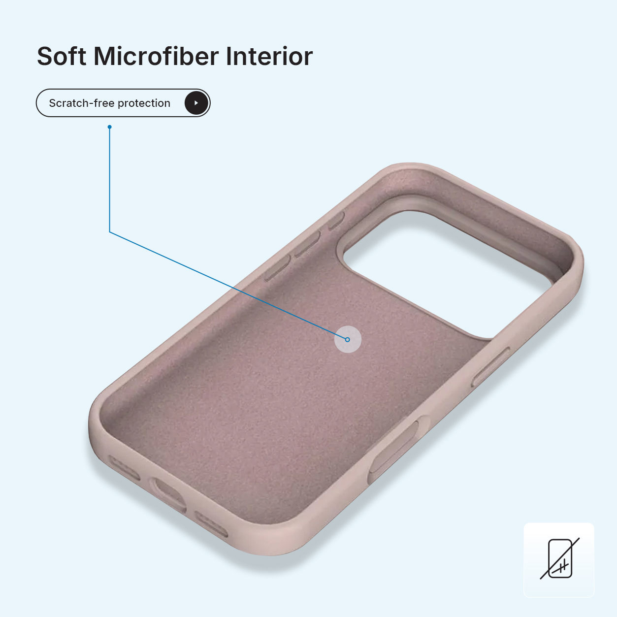 Een telefoonhoesje met een zacht microvezel interieur. Het is lichtbruin van kleur. De tekst 'Krasvrije bescherming' is zichtbaar.