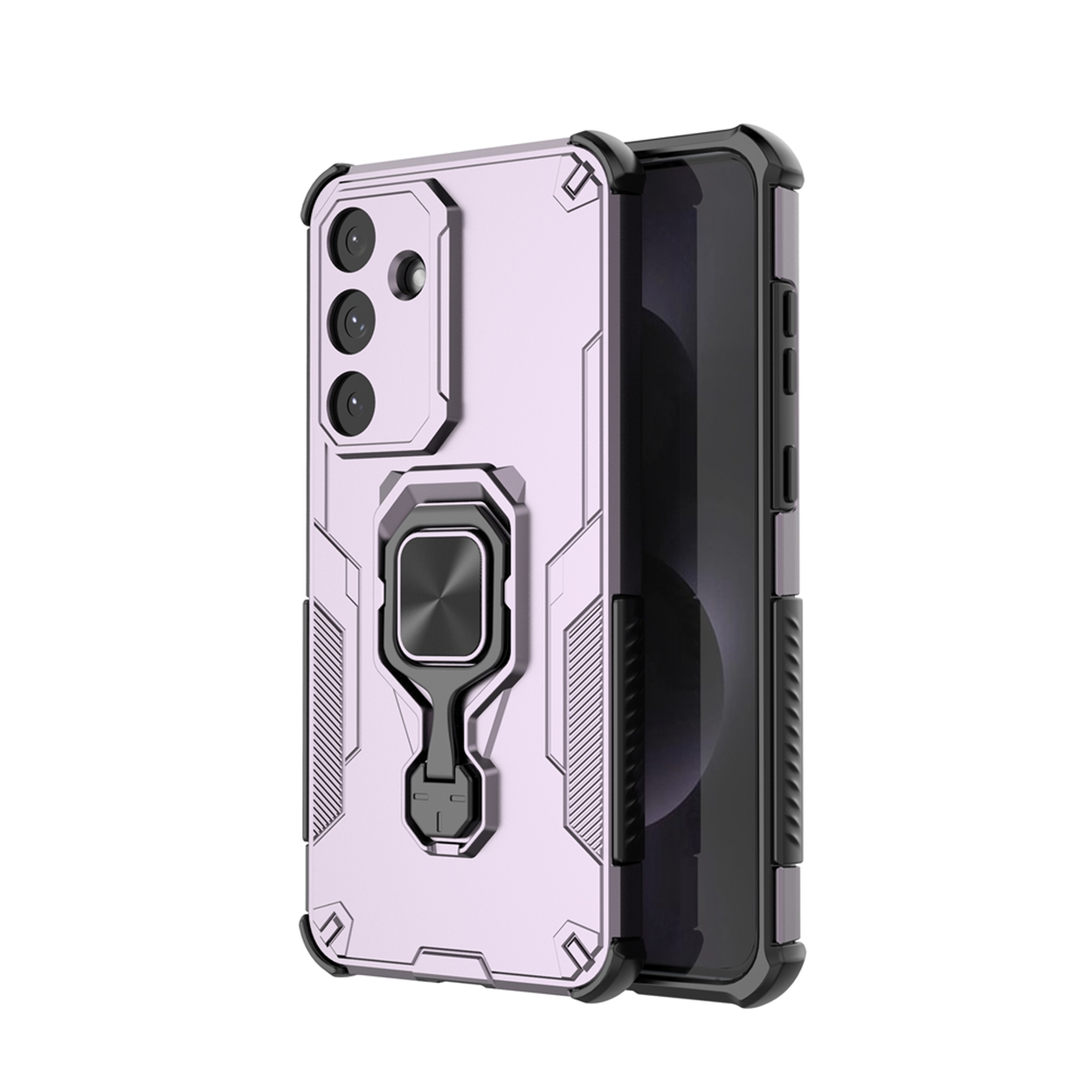 Een telefoon in een lavendelkleurige hoes met een ringhouder. De hoes heeft een uitsparing voor de camera en zwarte accenten.