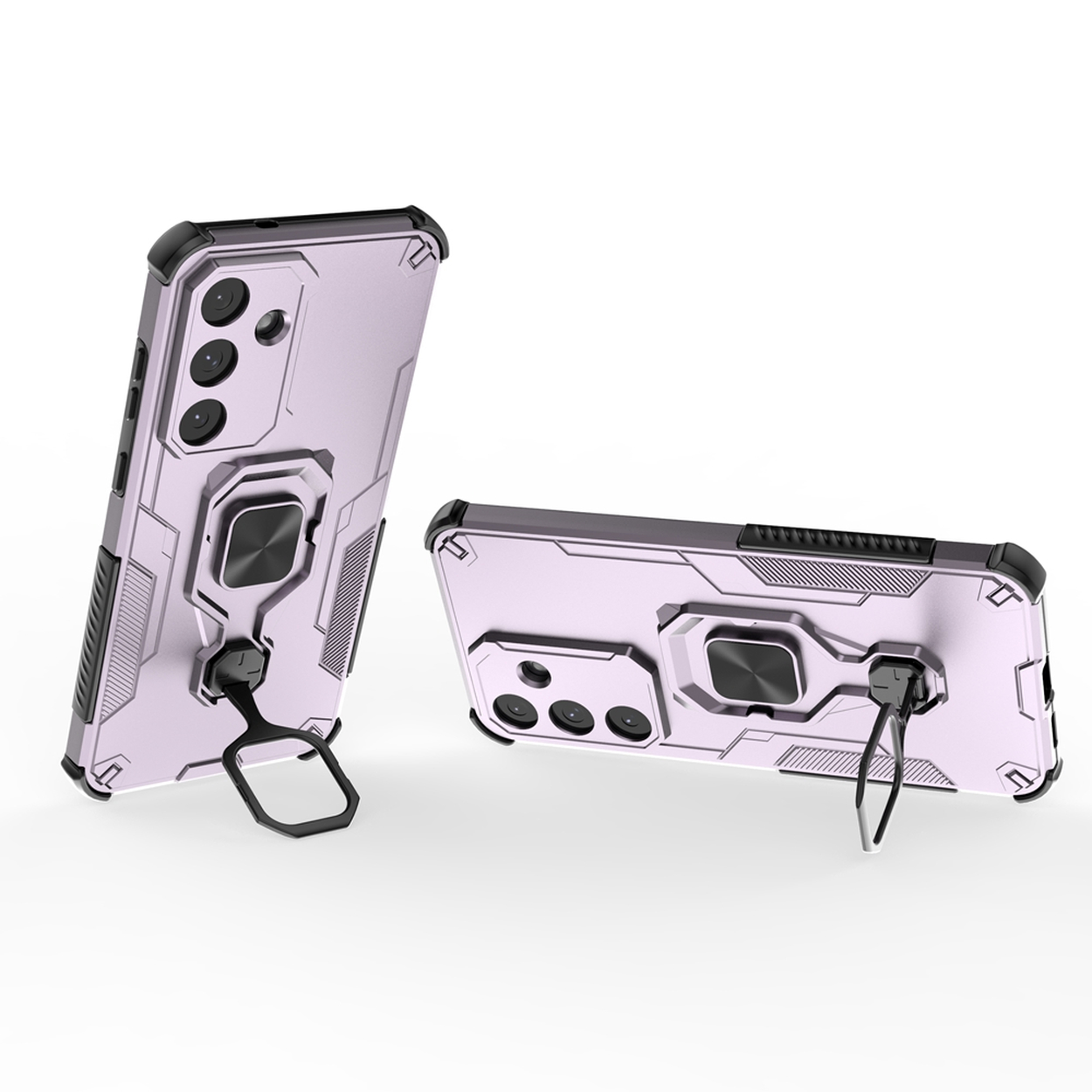Twee telefoonhoesjes, lichtpaars met zwarte accenten. Eén staat, de andere ligt, beide met ringhouders.