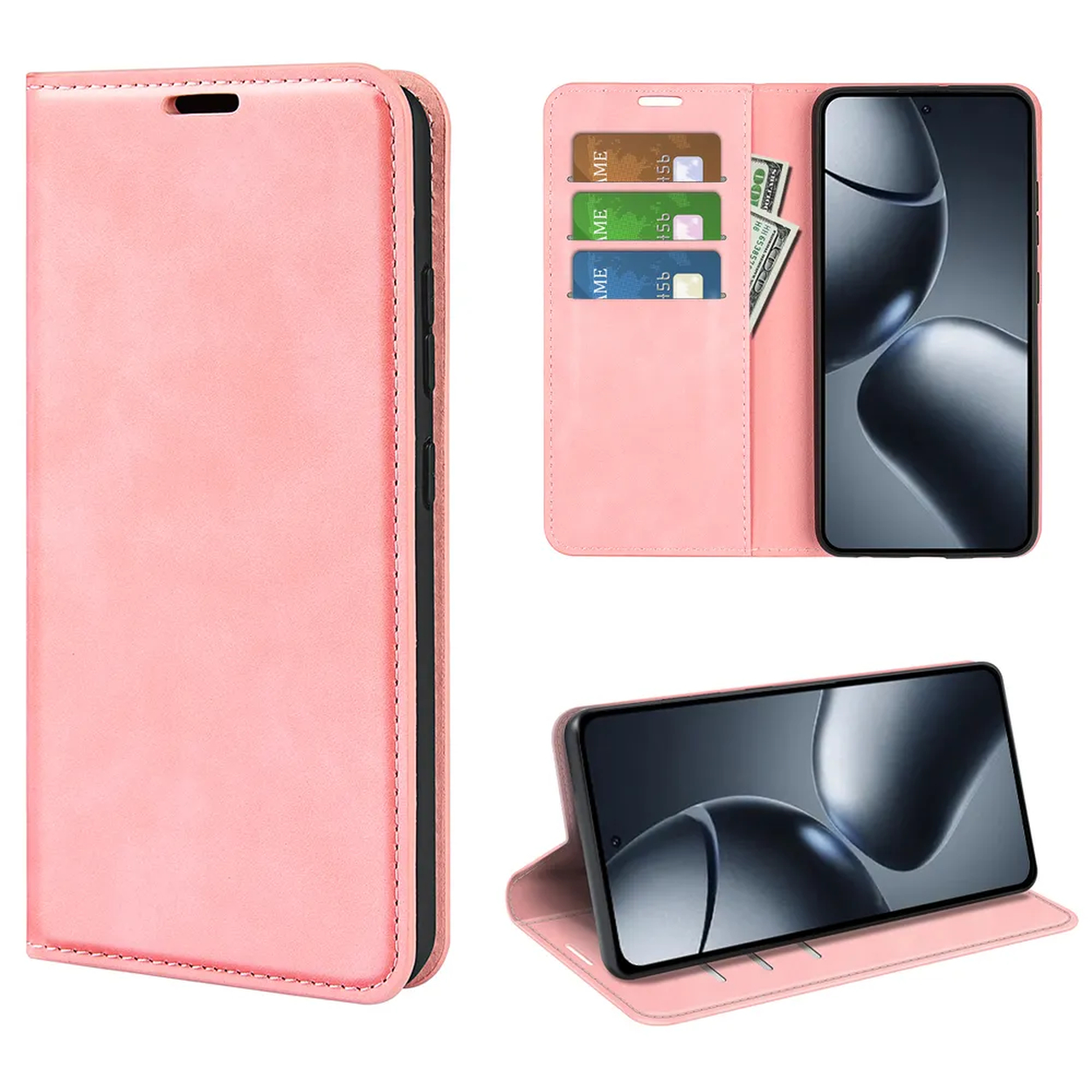 Étui de téléphone rose avec téléphone, emplacements pour cartes et argent. Le téléphone est en différentes positions.