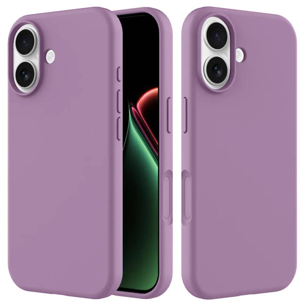 Drie paarse telefoonhoesjes, één met een telefoon met een groen en rood scherm en twee lege hoesjes.