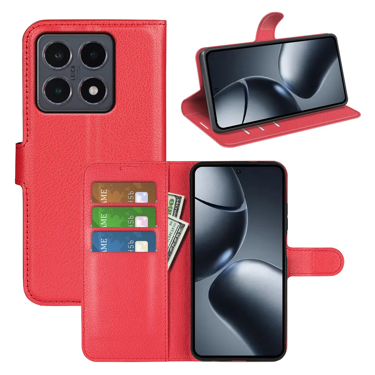 Rode telefoonhoes met telefoon en kaarten. De hoes bevat telefoon, kaarten en geld. Telefoon is zwart met een gebogen scherm.