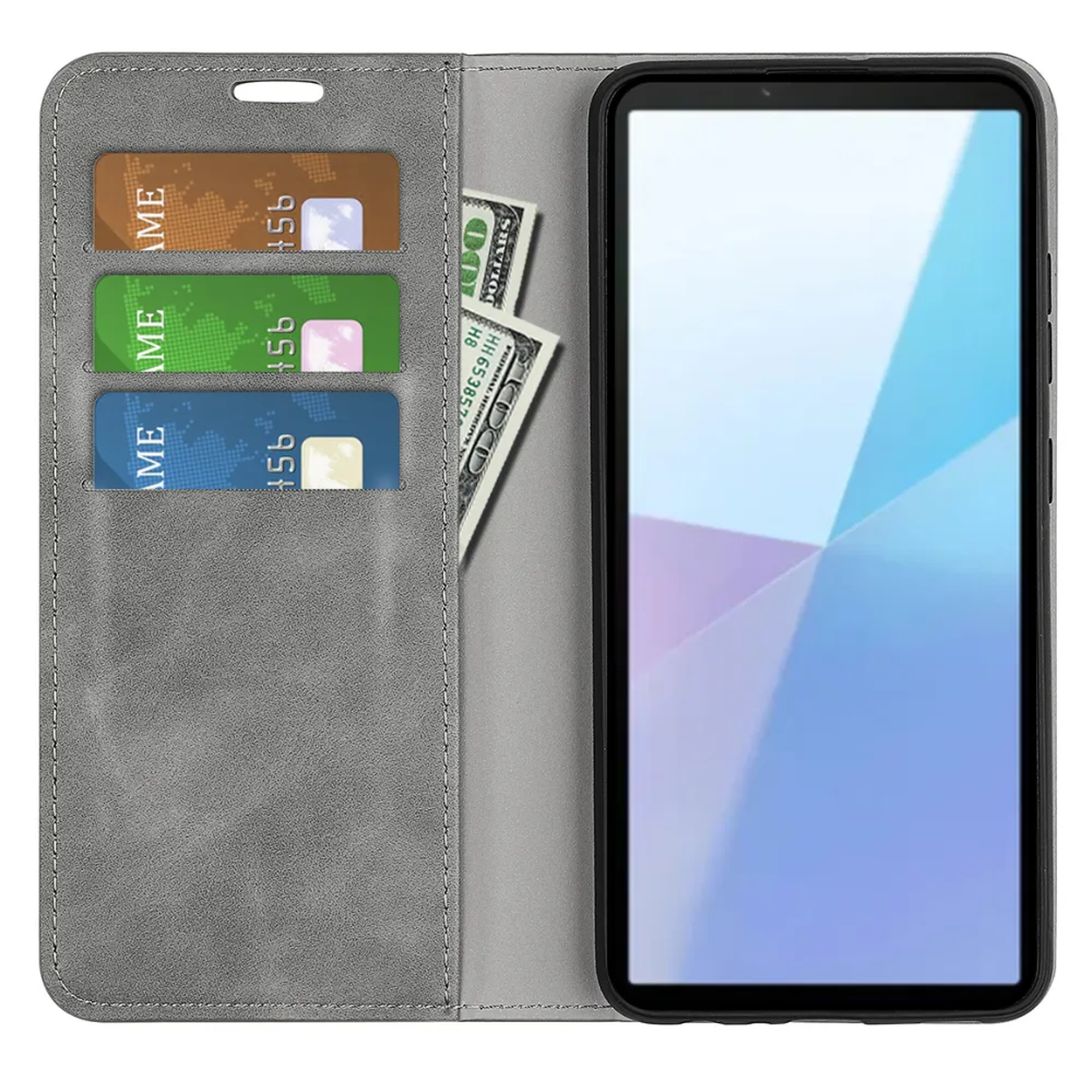 Een grijze telefoonhoes met een telefoon. Het heeft kaartsleuven met kaarten en wat dollarbiljetten.